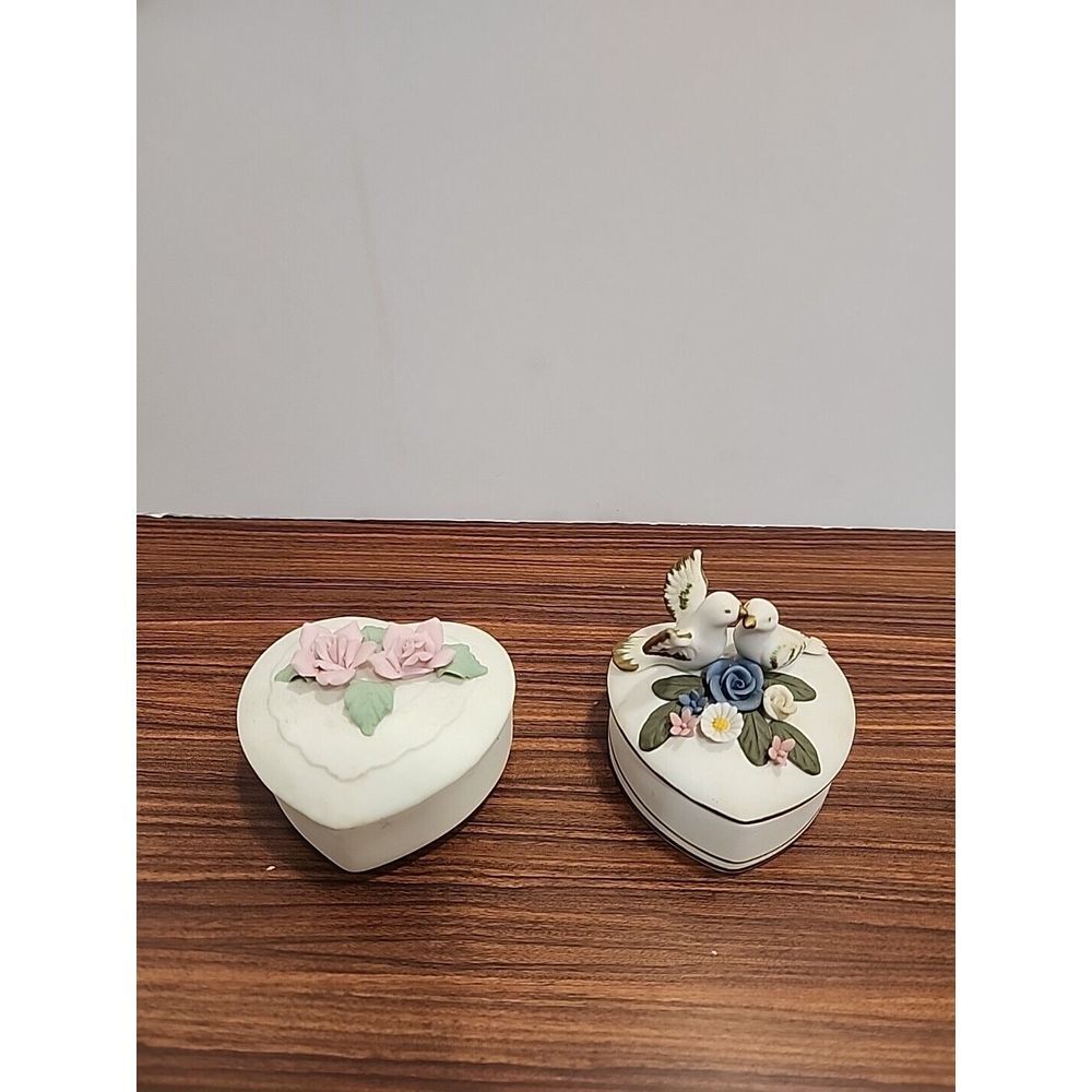 2 Ivory Ceramic Trinket Boxes Turtle Doves Blue Pink Flowers & Leaves